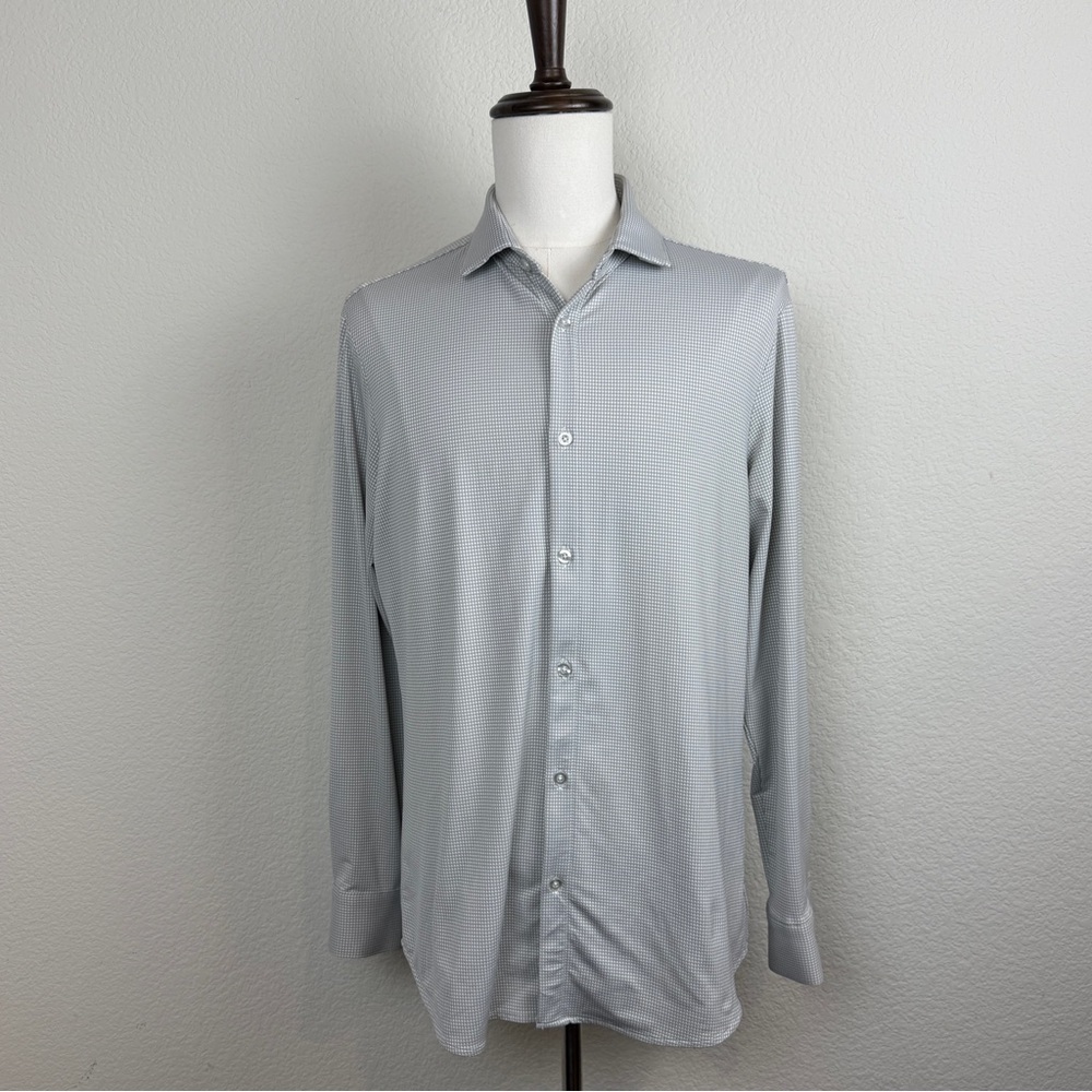 Mizzen+Main Men’s performance long sleeve dress shirt gingham beige | L Trim Fit